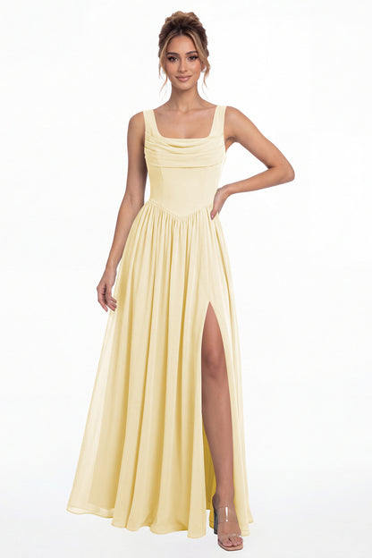 Butter Yellow Square Neck Chiffon Slit Maxi Gown - Front View