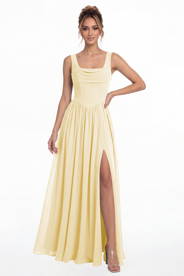 Butter Yellow Square Neck Chiffon Slit Maxi Gown - Front View
