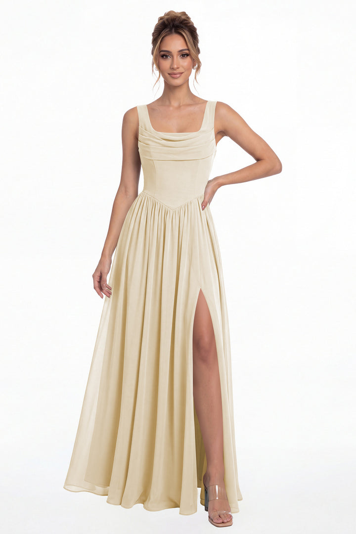 Champagne Square Neck Chiffon Slit Maxi Gown - Front View