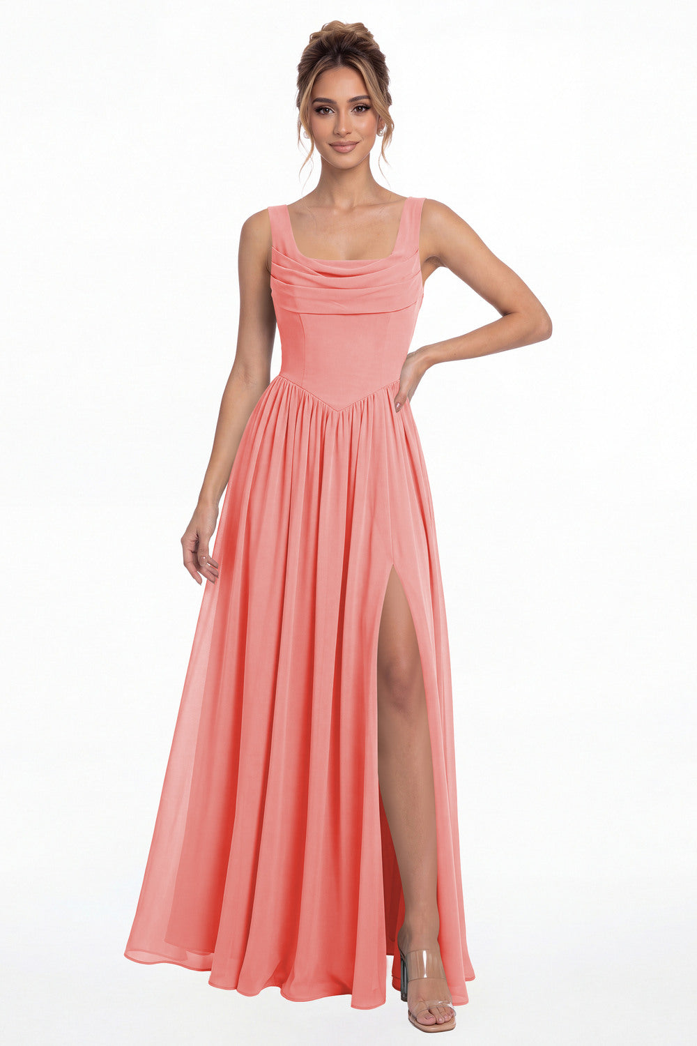 Coral Square Neck Chiffon Slit Maxi Gown - Front View