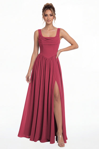 Desert Rose Square Neck Chiffon Slit Maxi Gown - Front View