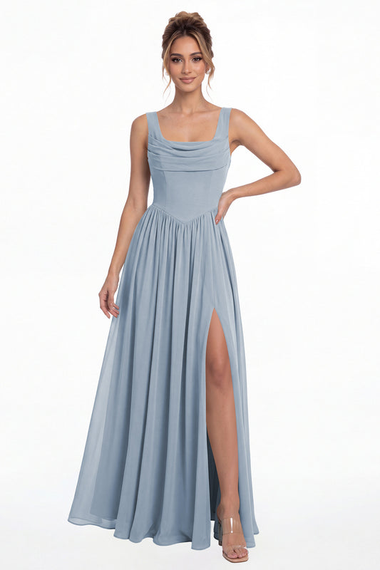 Dusty Blue Square Neck Chiffon Slit Maxi Gown - Front View