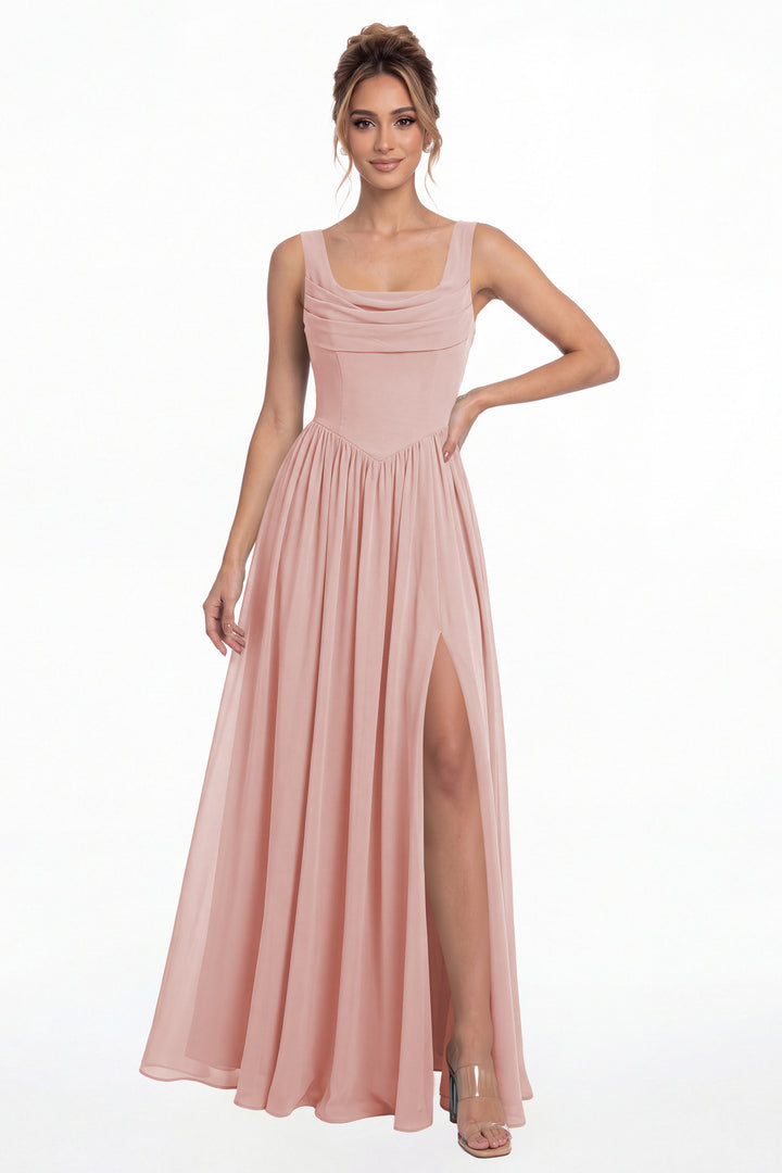 Dusty Rose Square Neck Chiffon Slit Maxi Gown - Front View