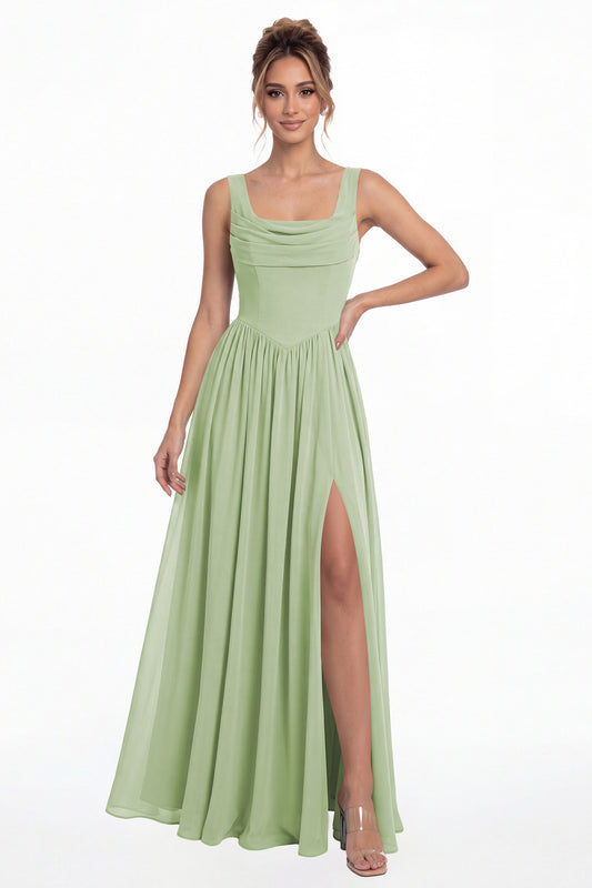 Dusty Sage Square Neck Chiffon Slit Maxi Gown - Front View