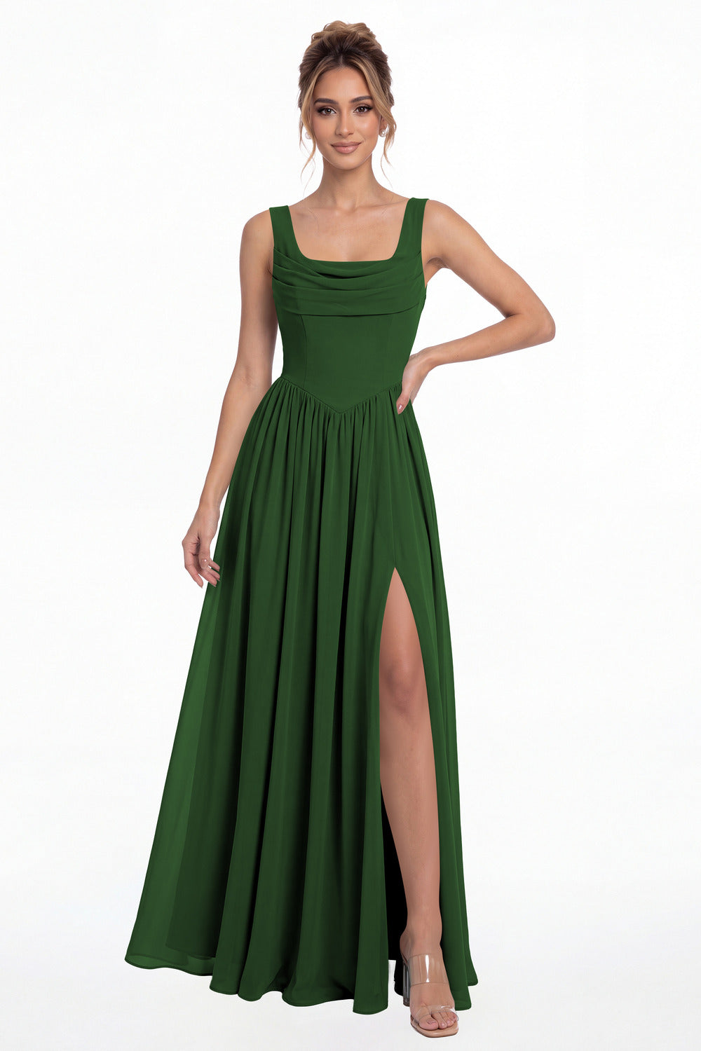 Emerald Green Square Neck Chiffon Slit Maxi Gown - Front View