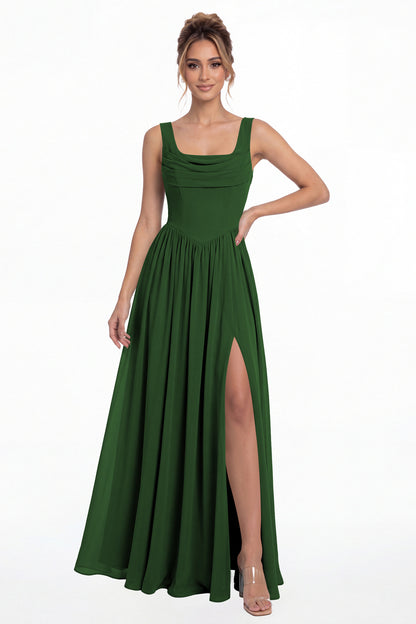 Emerald Green Square Neck Chiffon Slit Maxi Gown - Front View