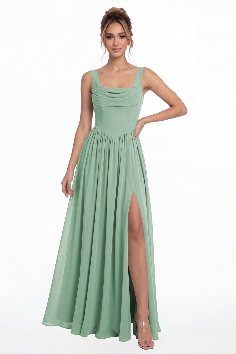 Eucalyptus Square Neck Chiffon Slit Maxi Gown - Front View