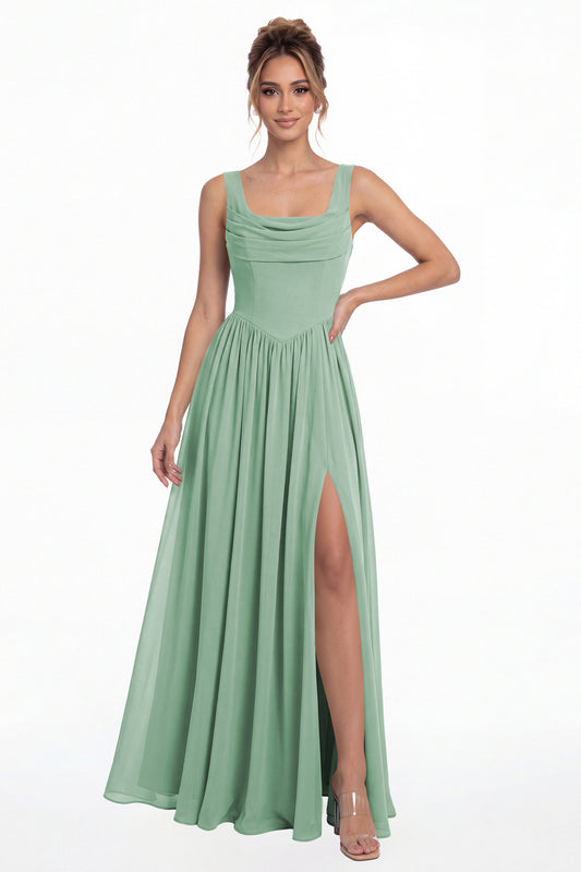 Eucalyptus Square Neck Chiffon Slit Maxi Gown - Front View