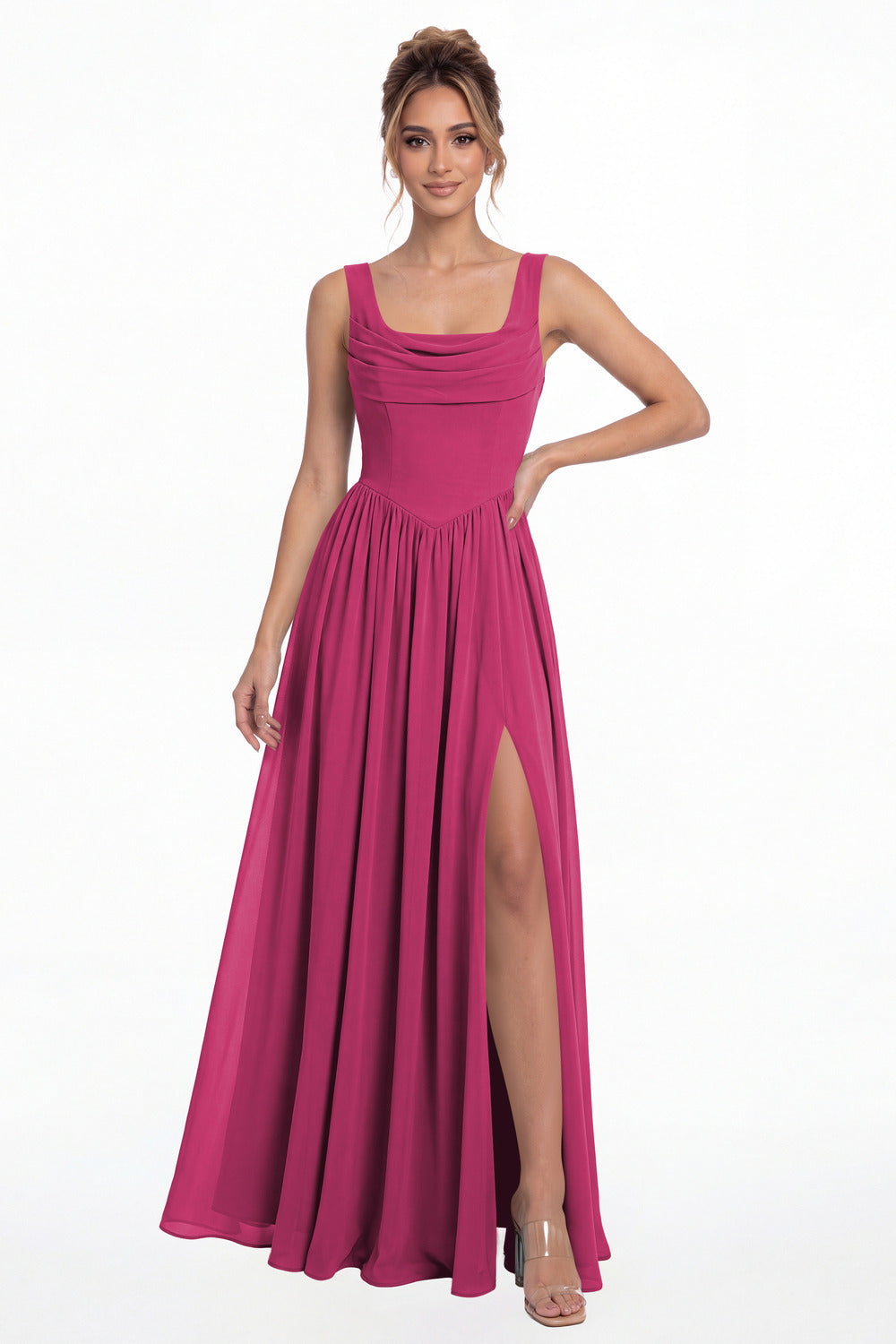 Fuchsia Square Neck Chiffon Slit Maxi Gown - Front View