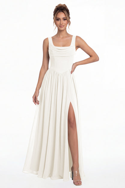 Ivory Square Neck Chiffon Slit Maxi Gown - Front View