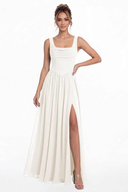 Ivory Square Neck Chiffon Slit Maxi Gown - Front View