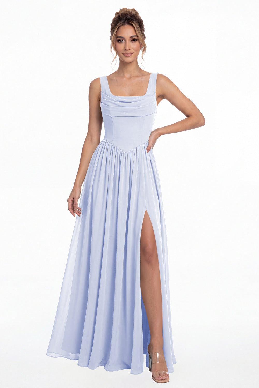 Lavender Square Neck Chiffon Slit Maxi Gown - Front View