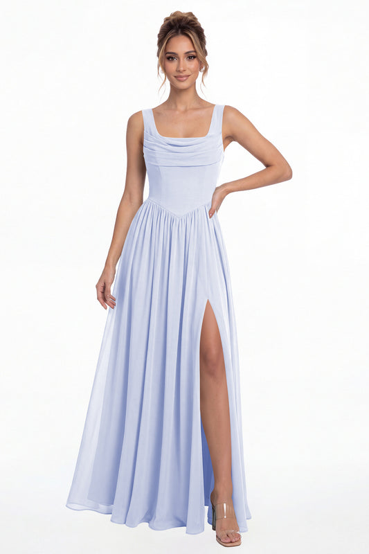Lavender Square Neck Chiffon Slit Maxi Gown - Front View