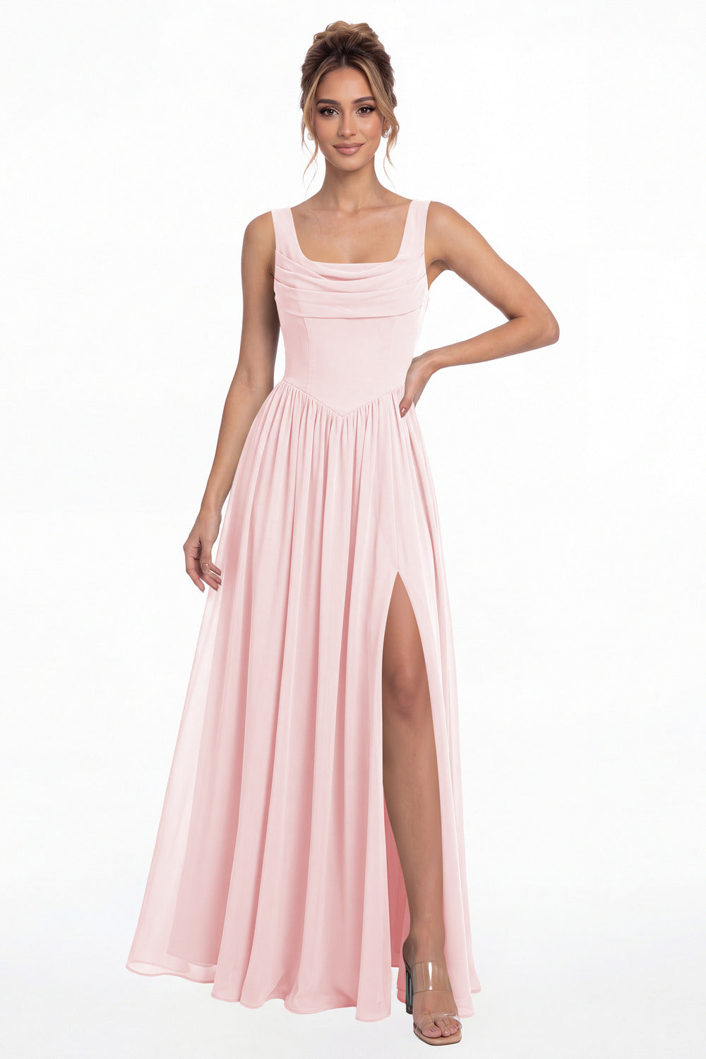 Light Pink Square Neck Chiffon Slit Maxi Gown - Front View