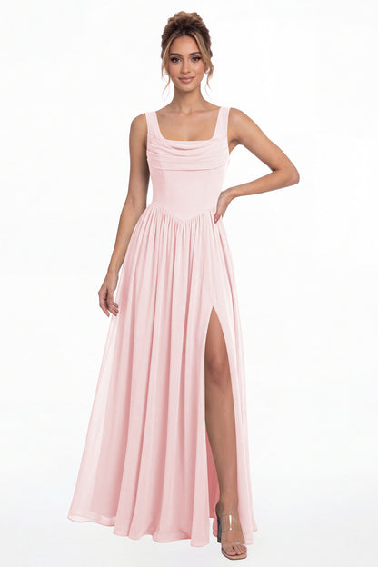 Light Pink Square Neck Chiffon Slit Maxi Gown - Front View
