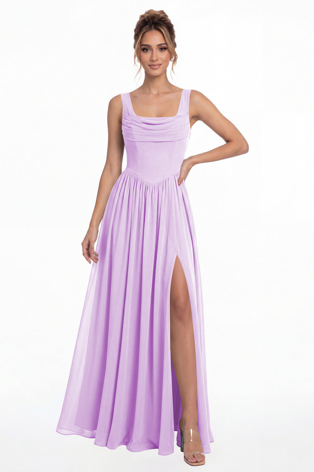 Lilac Square Neck Chiffon Slit Maxi Gown - Front View