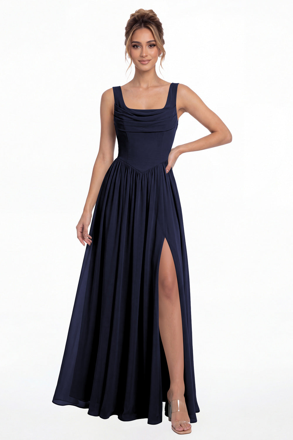 Navy Blue Square Neck Chiffon Slit Maxi Gown - Front View