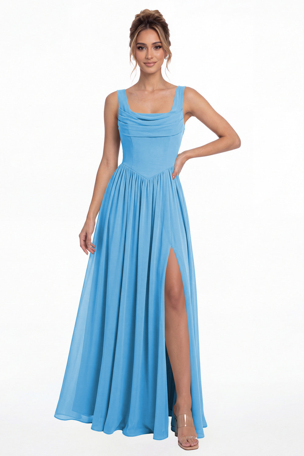 Ocean Blue Square Neck Chiffon Slit Maxi Gown - Front View