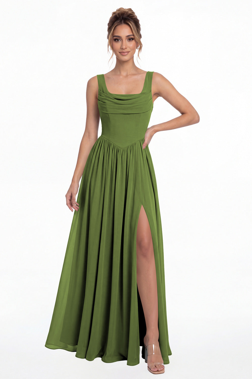 Olive Green Square Neck Chiffon Slit Maxi Gown - Front View