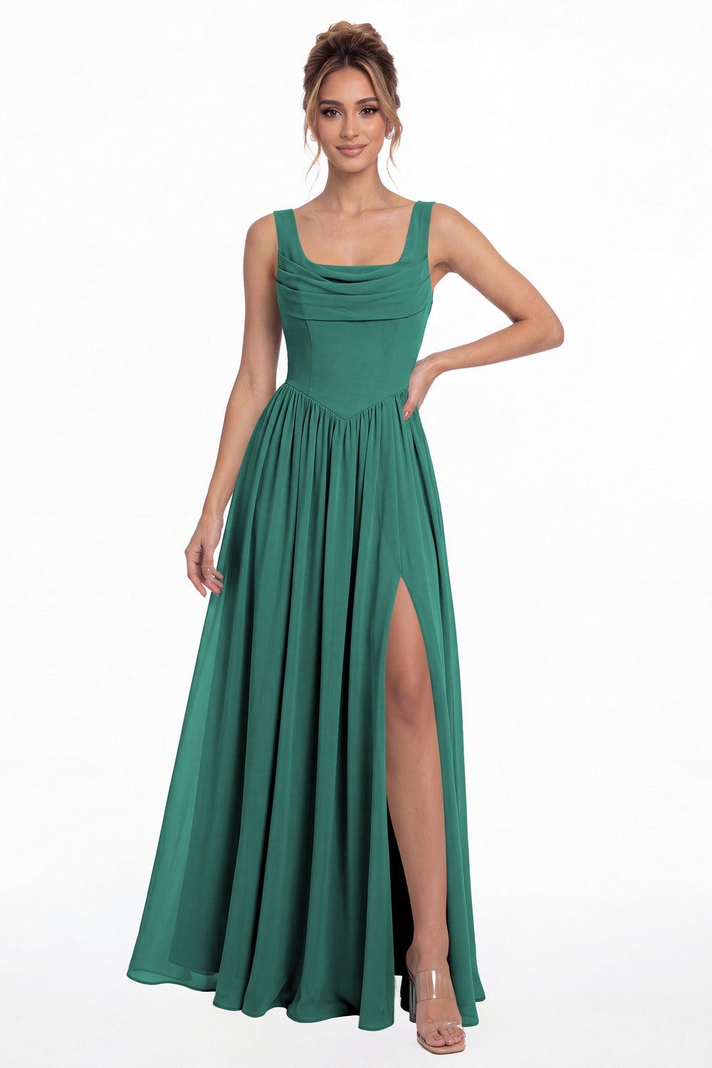 Peacock Square Neck Chiffon Slit Maxi Gown - Front View