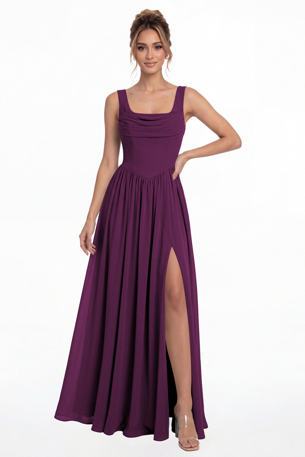 Plum Square Neck Chiffon Slit Maxi Gown - Front View
