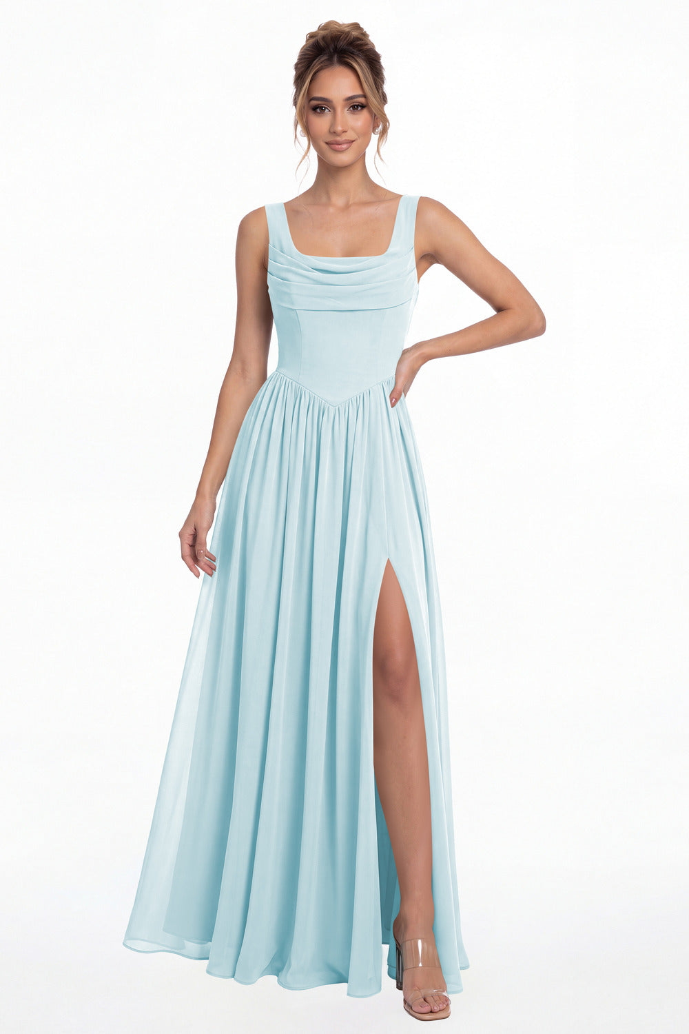 Powder Blue Square Neck Chiffon Slit Maxi Gown - Front View