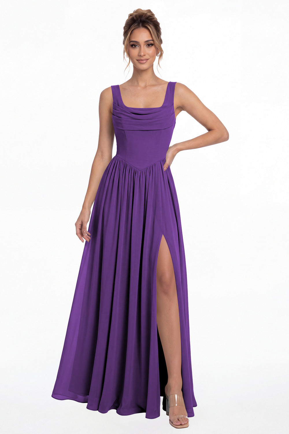 Purple Square Neck Chiffon Slit Maxi Gown - Front View