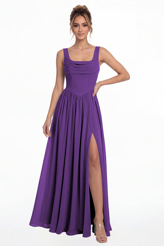 Purple Square Neck Chiffon Slit Maxi Gown - Front View