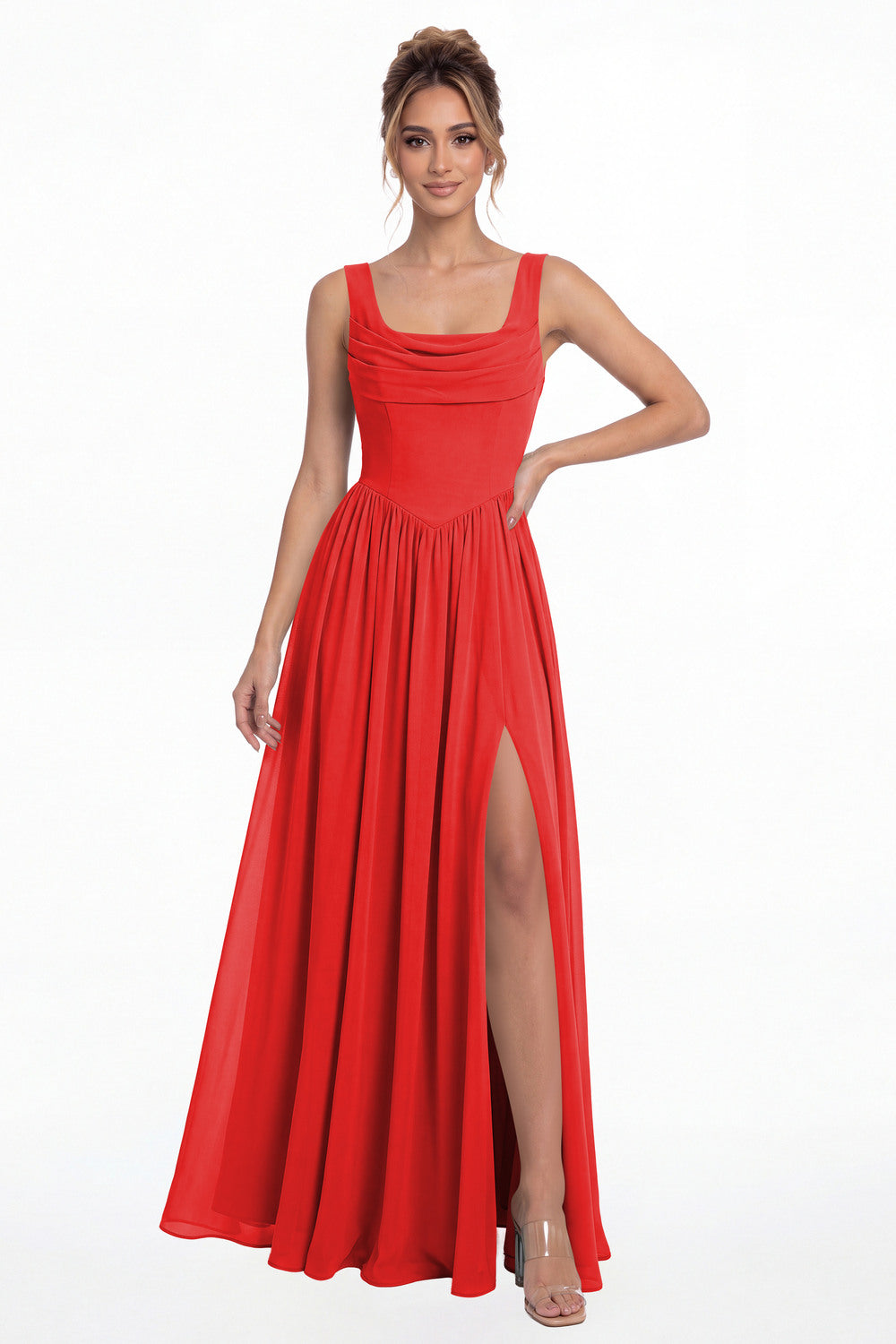 Red Square Neck Chiffon Slit Maxi Gown - Front View