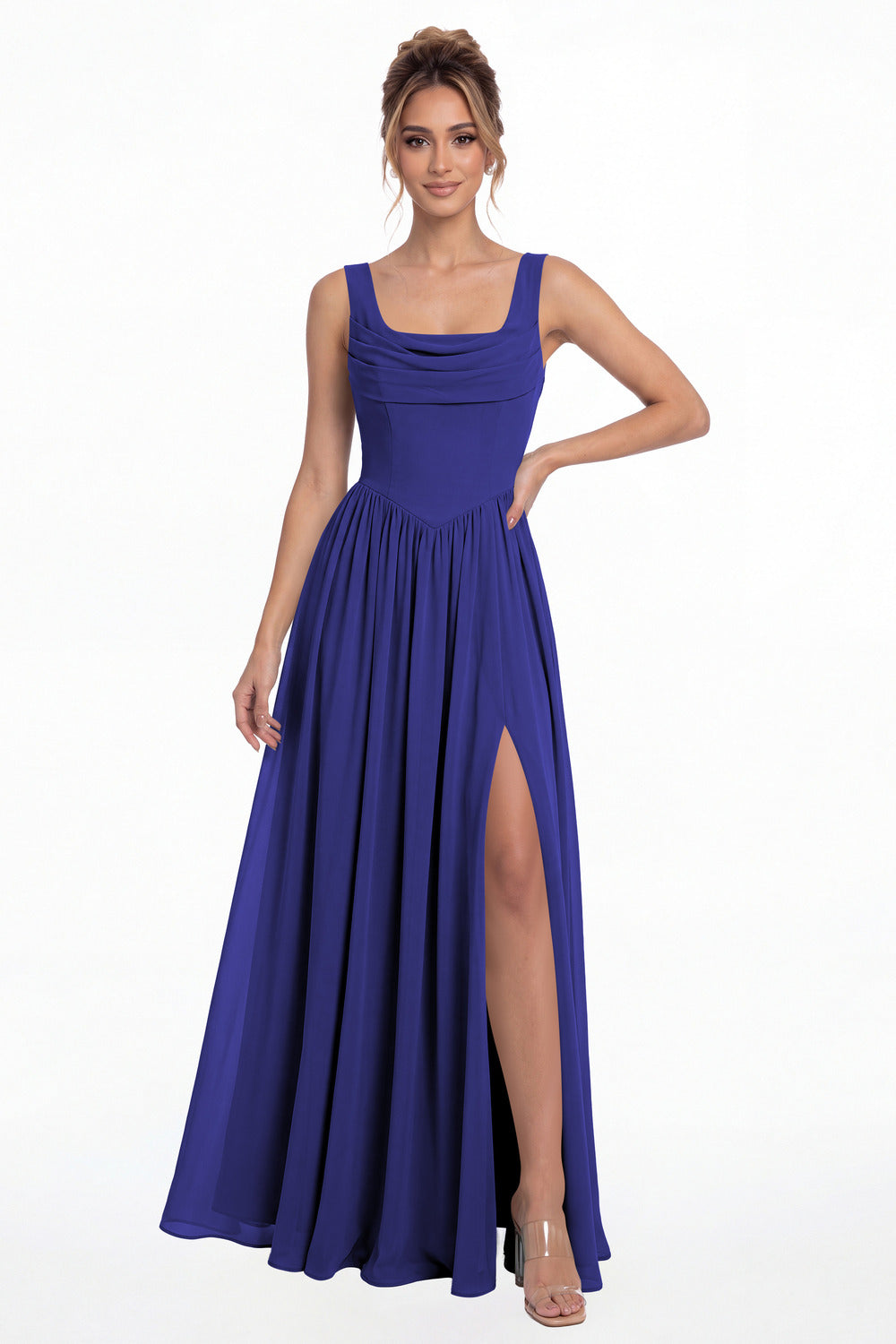 Royal Blue Square Neck Chiffon Slit Maxi Gown - Front View
