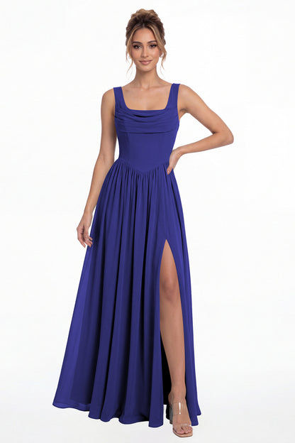 Royal Blue Square Neck Chiffon Slit Maxi Gown - Front View