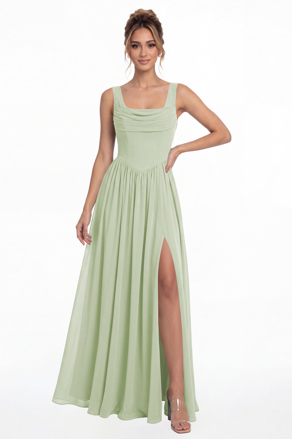 Sage Green Square Neck Chiffon Slit Maxi Gown - Front View