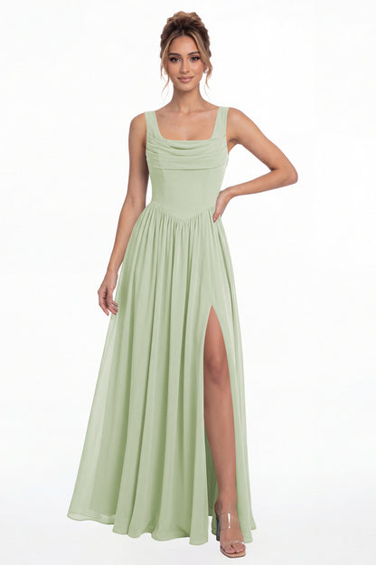 Sage Green Square Neck Chiffon Slit Maxi Gown - Front View