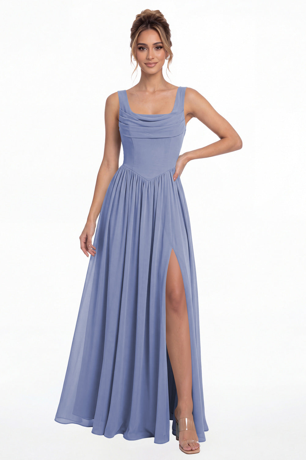 Steel Blue Square Neck Chiffon Slit Maxi Gown - Front View
