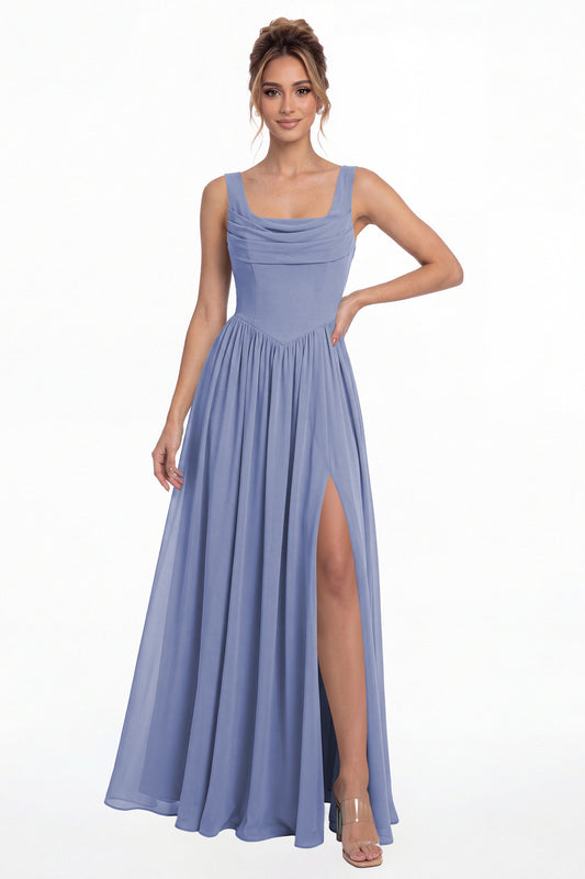 Steel Blue Square Neck Chiffon Slit Maxi Gown - Front View