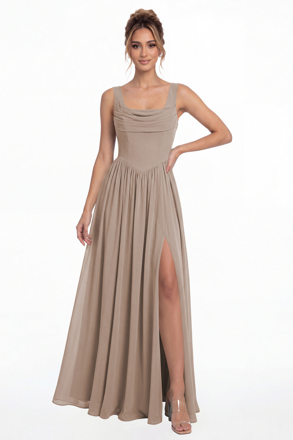 Taupe Square Neck Chiffon Slit Maxi Gown - Front View