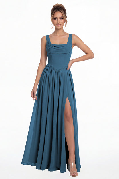 Teal Square Neck Chiffon Slit Maxi Gown - Front View