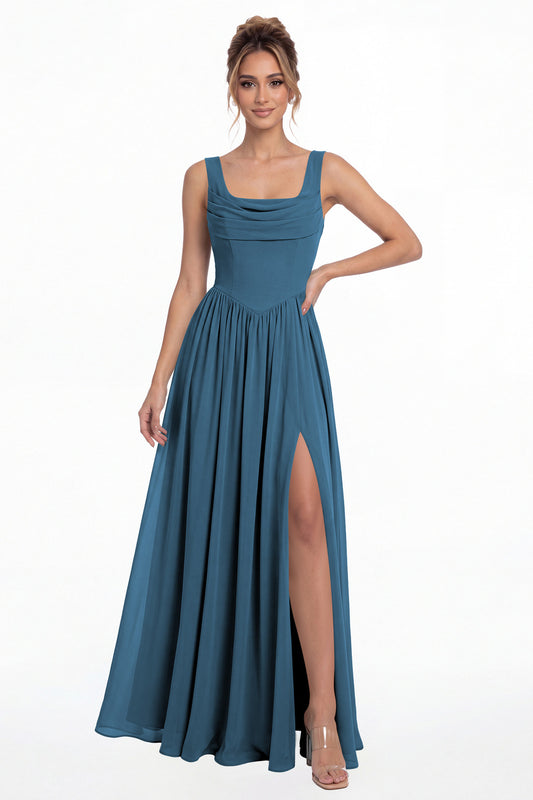 Teal Square Neck Chiffon Slit Maxi Gown - Front View