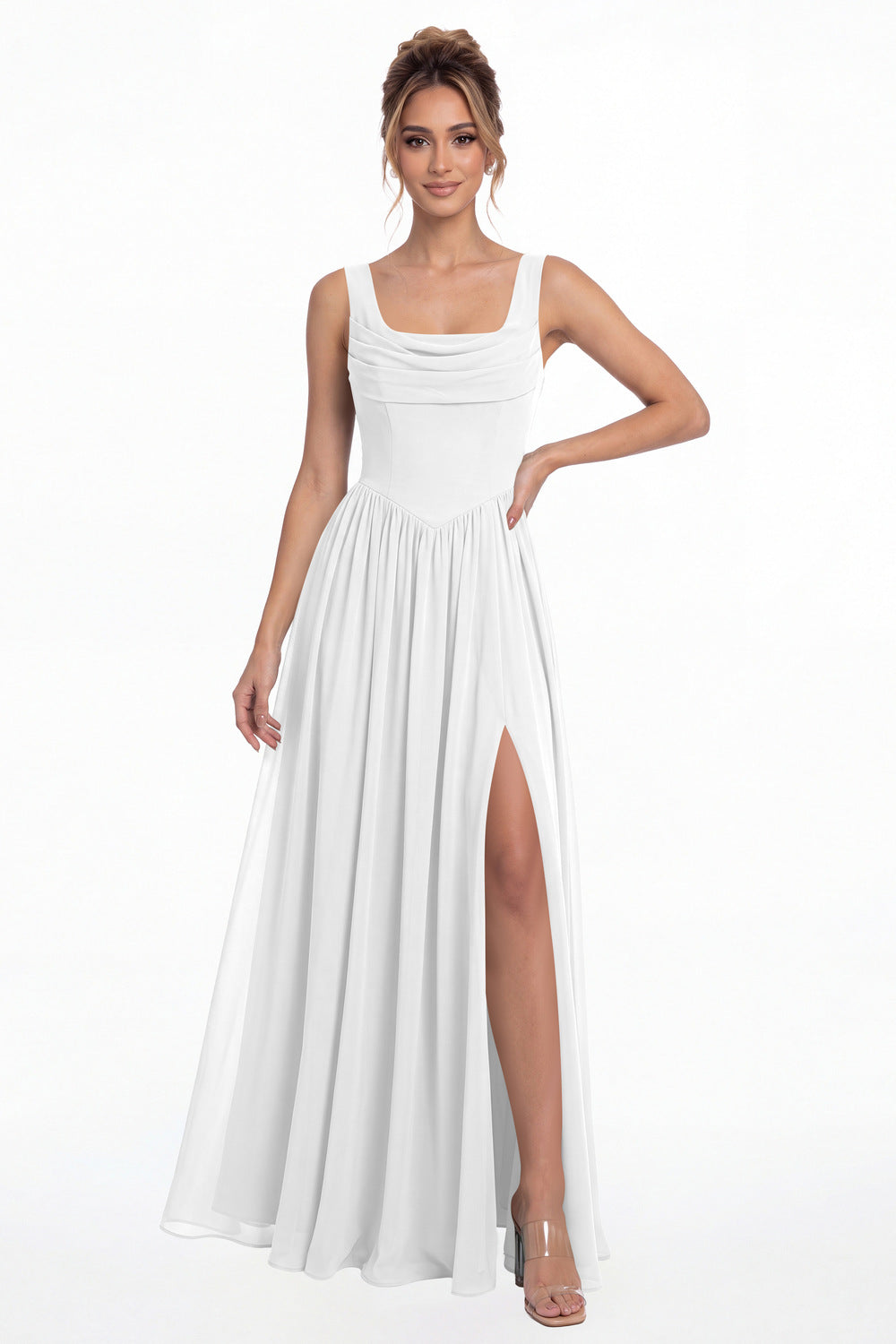 White Square Neck Chiffon Slit Maxi Gown - Front View