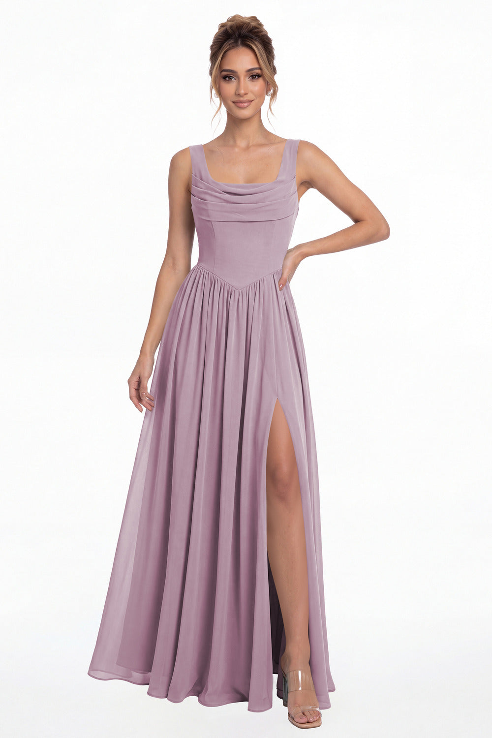 Wisteria Square Neck Chiffon Slit Maxi Gown - Front View