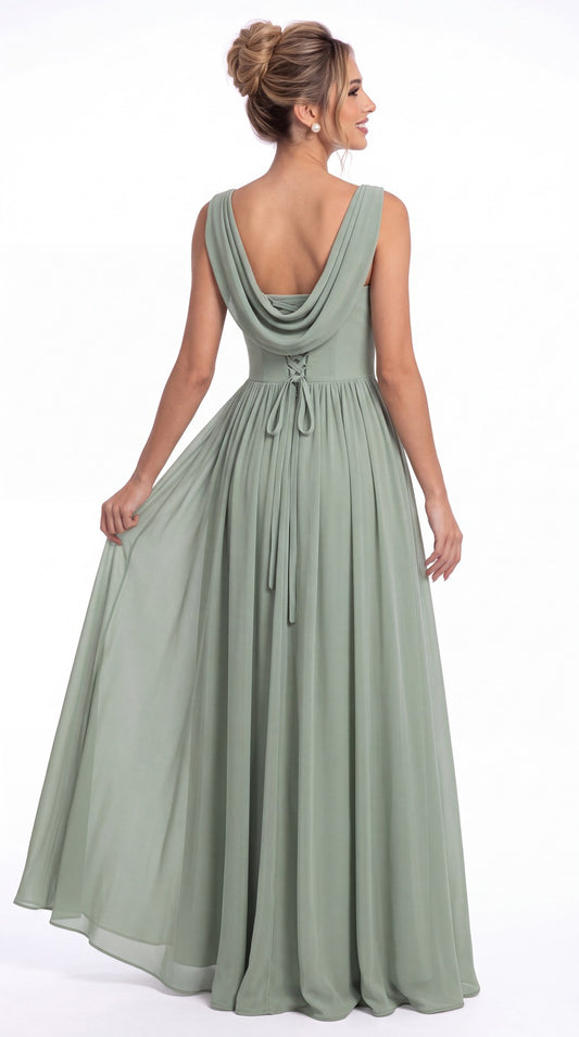 Square Neck Chiffon Slit Maxi Gown - Back View
