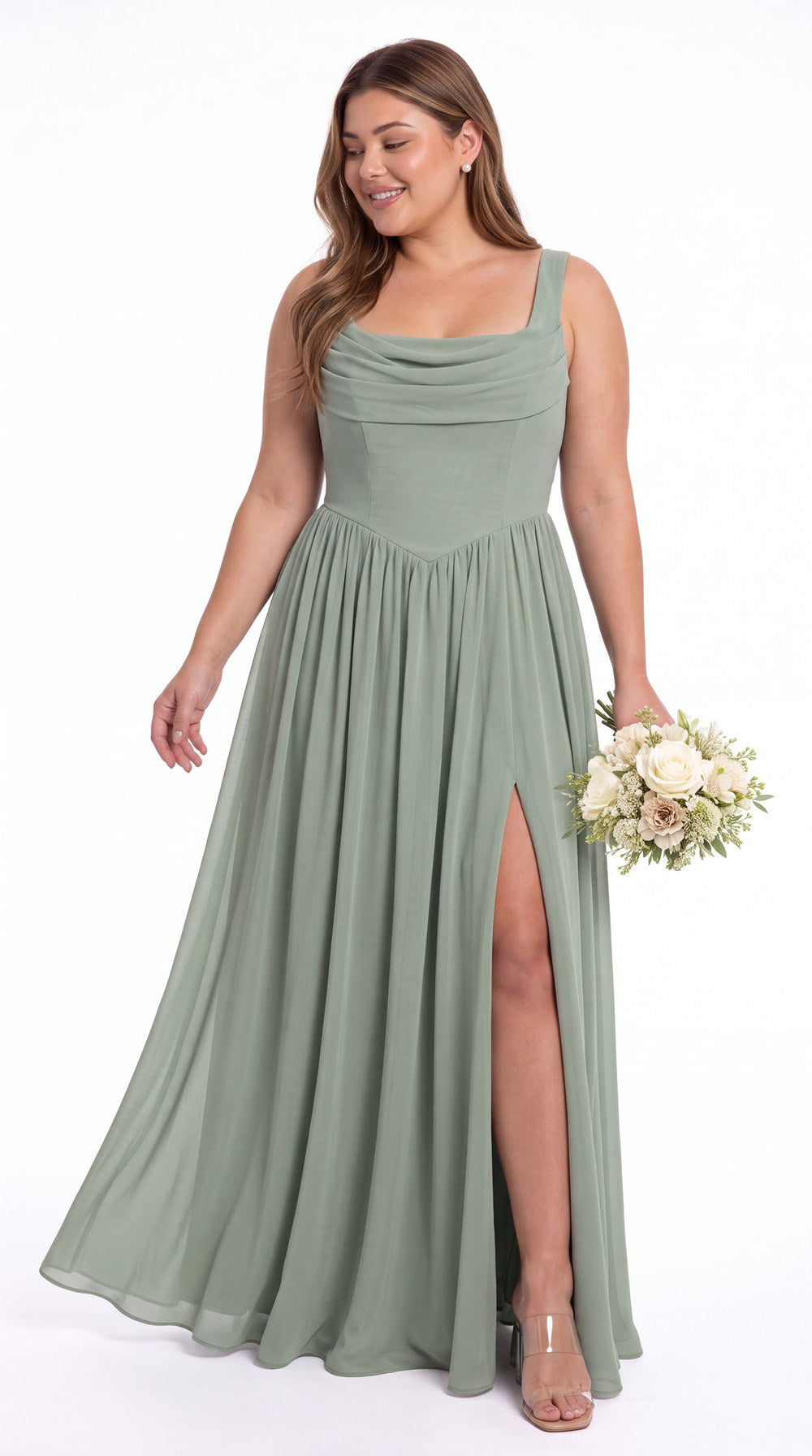 Square Neck Chiffon Slit Maxi Gown - Detail View 4
