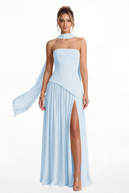 Baby Blue Strapless Scarf Chiffon Slit Maxi Gown - Front View