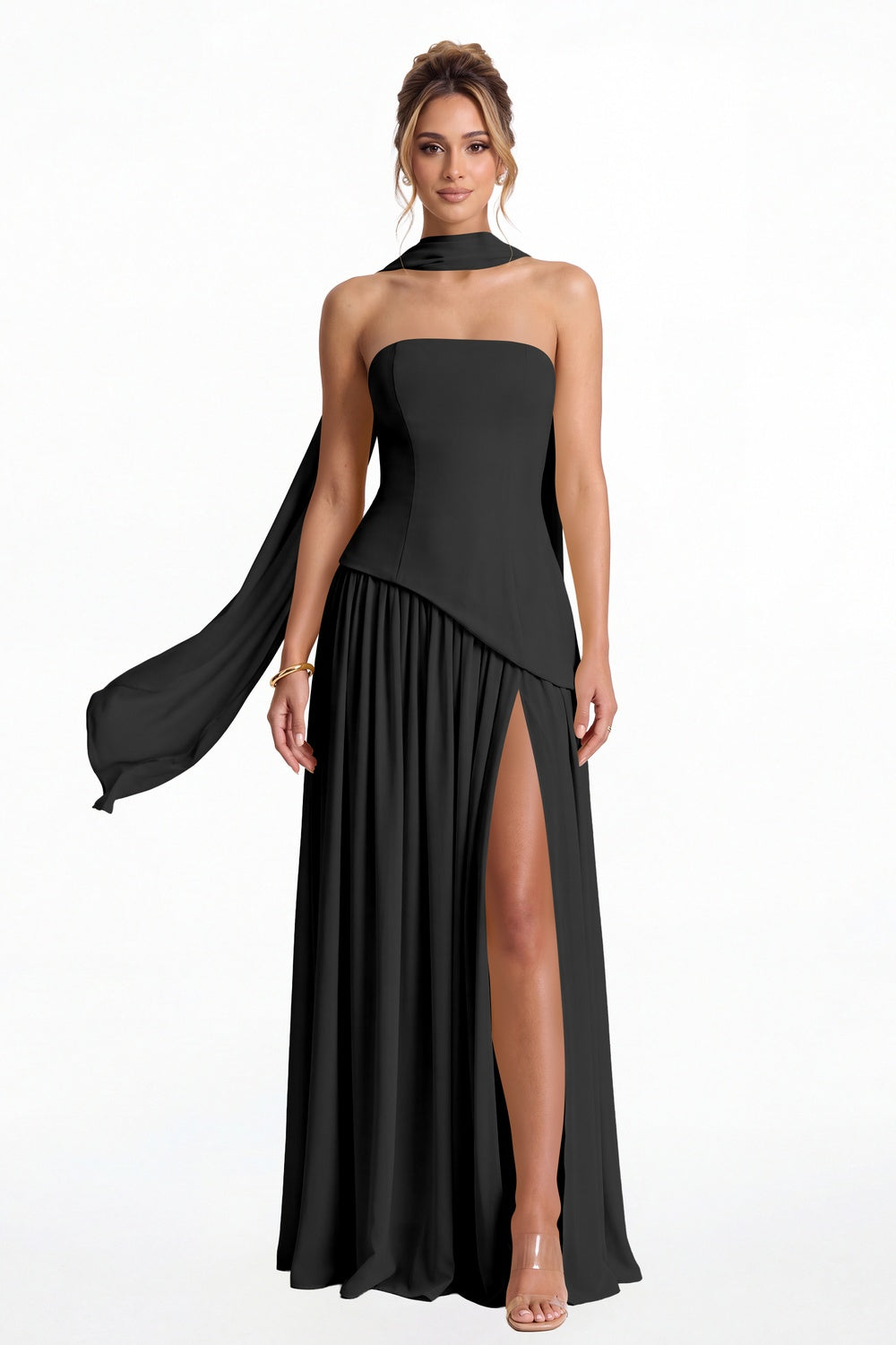 Black Strapless Scarf Chiffon Slit Maxi Gown - Front View