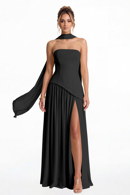 Black Strapless Scarf Chiffon Slit Maxi Gown - Front View