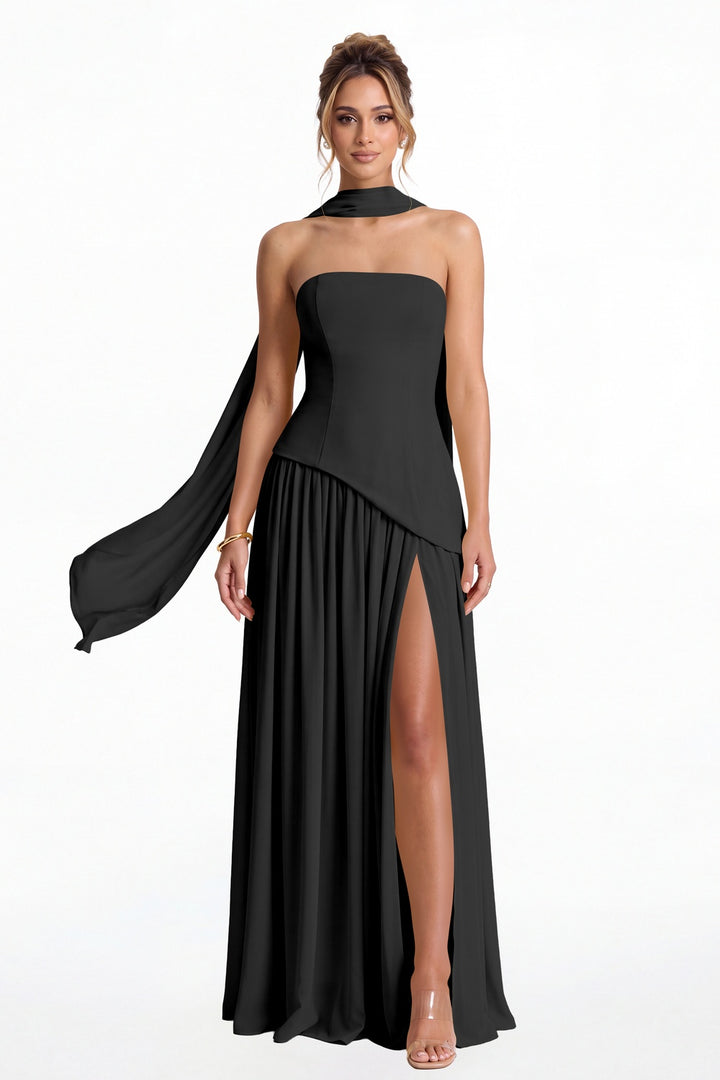 Black Strapless Scarf Chiffon Slit Maxi Gown - Front View