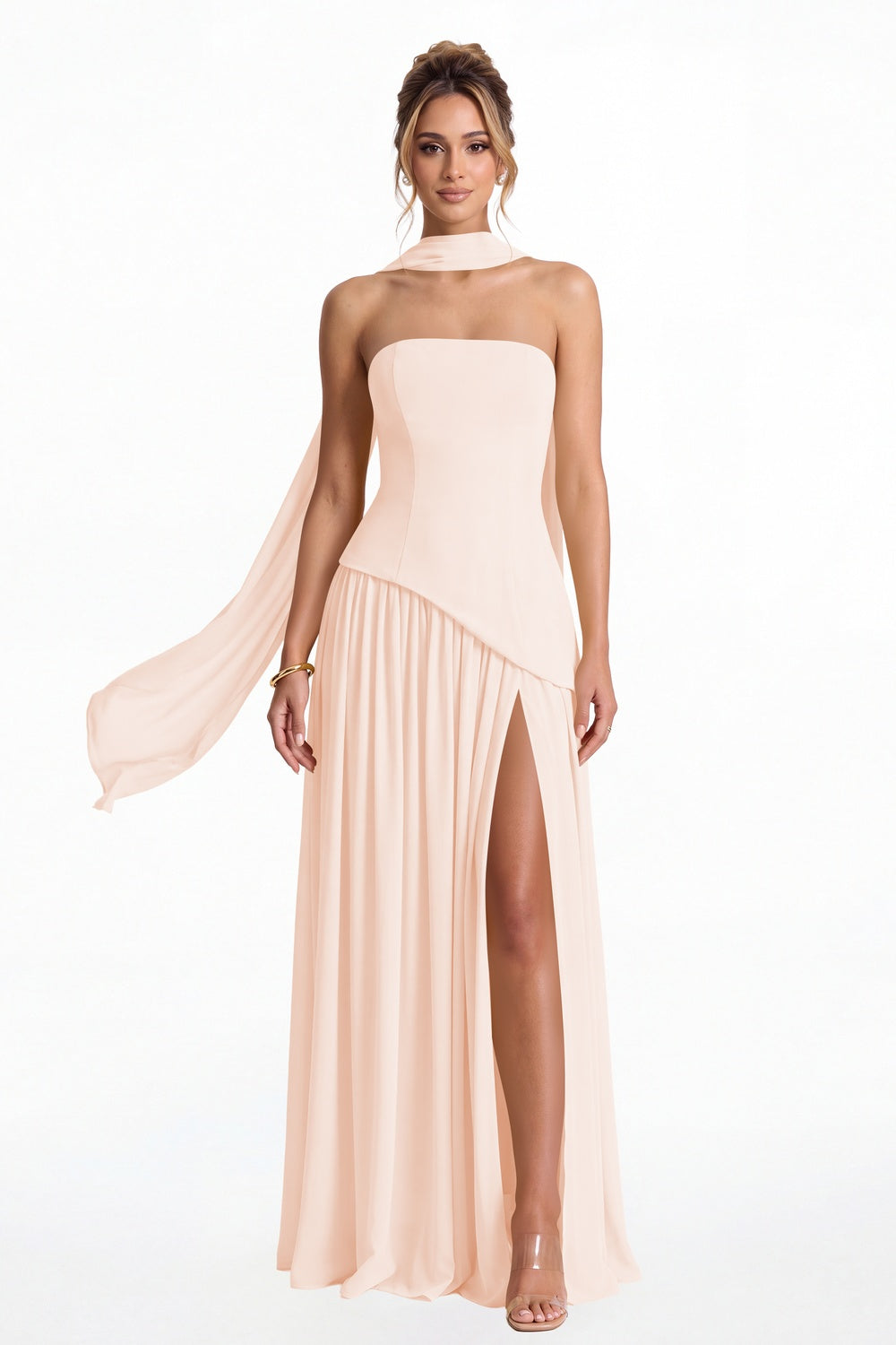 Blush Pink Strapless Scarf Chiffon Slit Maxi Gown - Front View