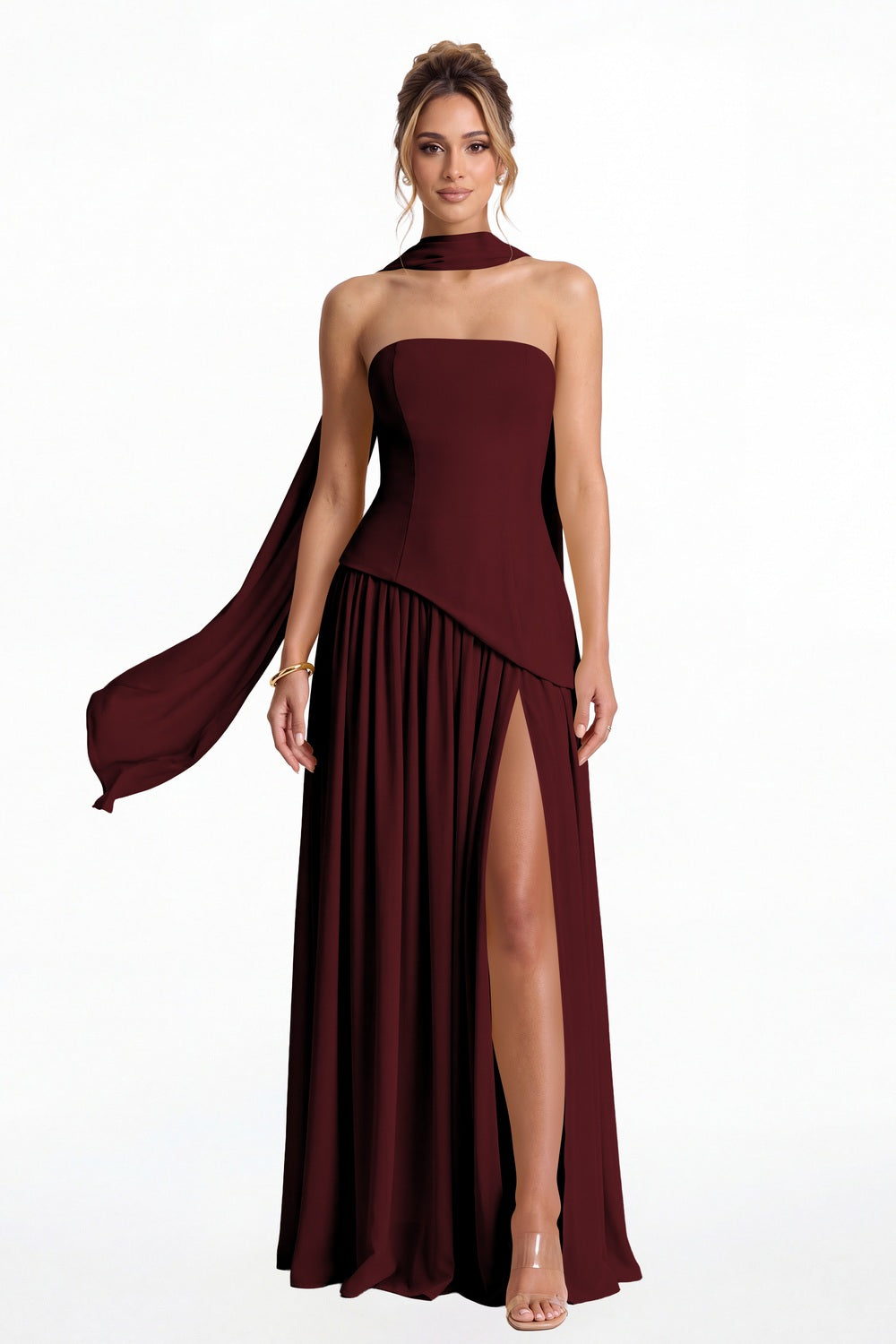 Burgundy Strapless Scarf Chiffon Slit Maxi Gown - Front View