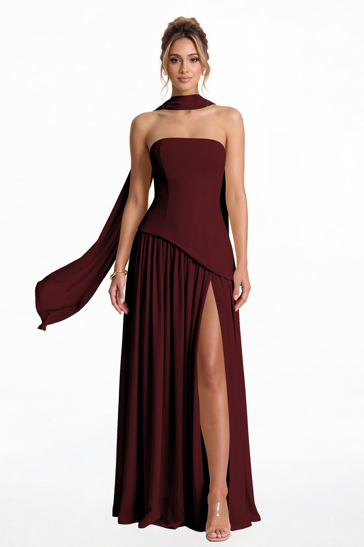 Burgundy Strapless Scarf Chiffon Slit Maxi Gown - Front View