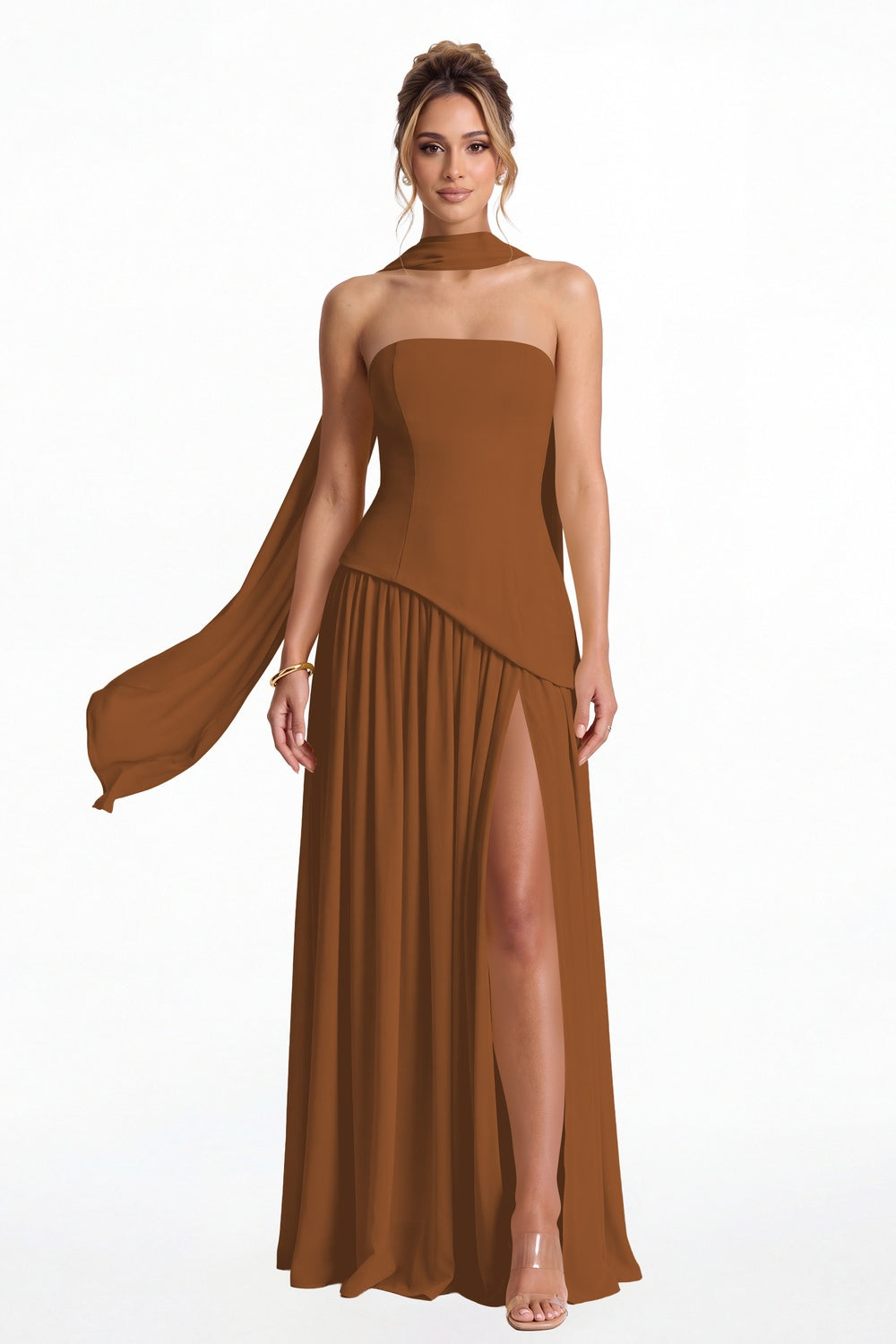 Burnt Orange Strapless Scarf Chiffon Slit Maxi Gown - Front View